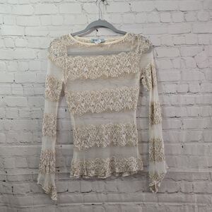 Y2k ESTAM USA Mesh  Gold Lace Blouse Point Sleeve Western Boho Ethereal Angel